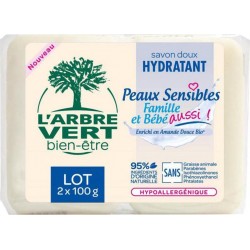 L'Arbre Vert Savon Doux Hydratant Peaux Sensibles Famille et Bébé à l’Amande Douce Bio par 2 de 100g