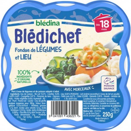 Blédina Blédichef Fondue de Légumes et Lieu dès 18 mois l’assiette de 250g (lot de 8)