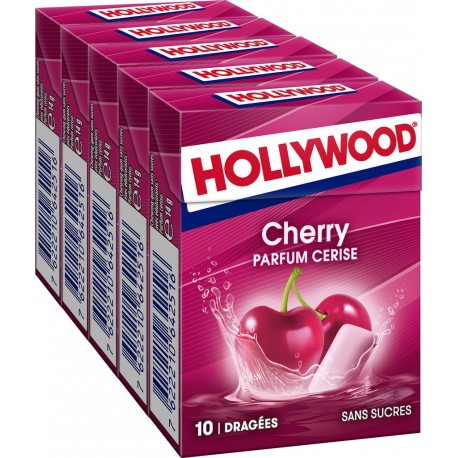 Hollywood Chewing-gum sans sucres goût cerise 10 dragées x5