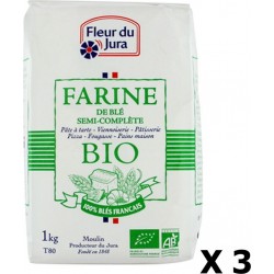 Fleur du Jura Lot 3x Farine T80 Semi-complète Bio 100% Blés Français 3x1Kg 3Kg