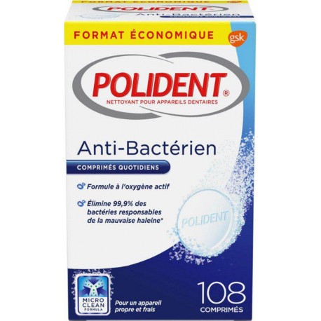 Polident Anti-Bactérien Comprimés Quotidiens 108 Comprimés (lot de 3)