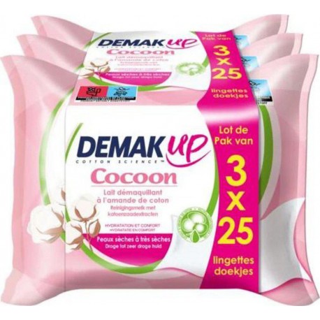 DEMAK'UP Lingettes douceur Cocoon peaux sèches 3x25 x3 paquets 25