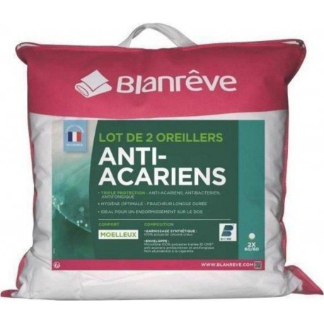 Blanrêve Oreiller Anti-Acariens Moelleux Microfibre 60x60cm duo