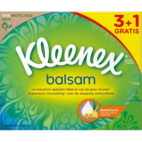 Kleenex Mouchoirs 3en1 Pack Balsam 3+1 3 boîtes 72 mouchoirsn