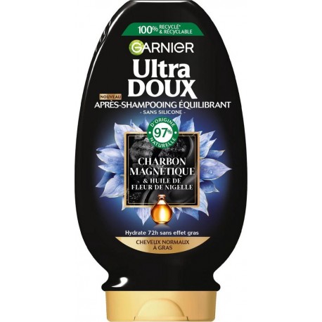 GARNIER Ultra DOUX Après-shampoing Équilibrant Charbon Magnétique & Huile De Fleur De Nigelle 200ml