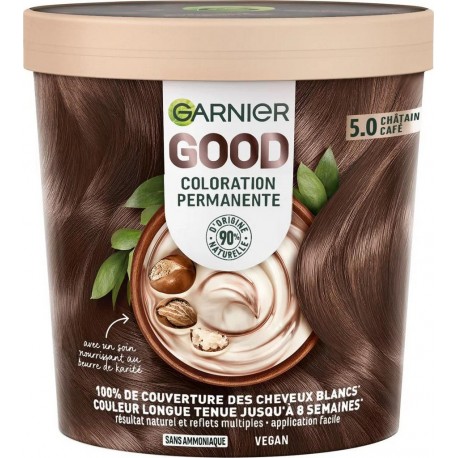 GARNIER Coloration Permanente 5.0 Châtain Clair Café Sans Amoniaque Couvre 100% Cheveux Blancs Good