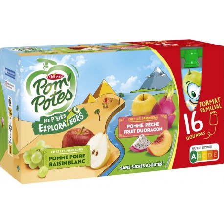 POM'POTES Compotes Les P'tits Explorateurs pomme poire raisin, pêche fruit du dragon sans sucres ajoutés les 16 gourdes de 90g
