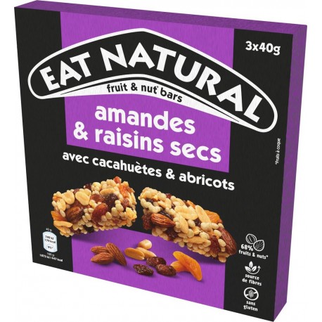 EAT NATURAL Barres Céréales Amandes Raisins Secs et Abricots Sans Gluten les 3 barres de 40g