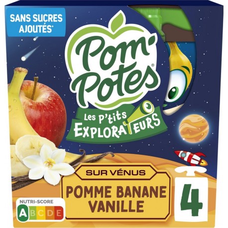 POM'POTES Compotes Les P'tits Explorateurs sur Vénus pomme banane vanille sans sucres ajoutés les 4 gourdes de 90g
