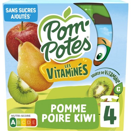 POM'POTES Compotes Les Vitaminés Pomme Poire Kiwi sans Sucres Ajoutés les 4 gourdes de 90g