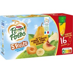 POM'POTES Compotes 5 fruits pomme abricot pêche poire banane sans sucres ajoutés les 16 gourdes de 90g