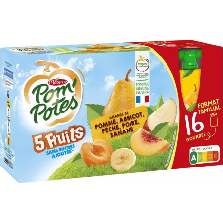 POM'POTES Compotes 5 fruits pomme abricot pêche poire banane sans sucres ajoutés les 16 gourdes de 90g