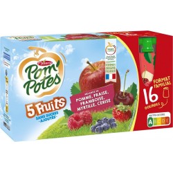POM'POTES Compotes 5 fruits pomme fraise framboise myrtille cerise sans sucres ajoutés les 16 gourdes de 90g