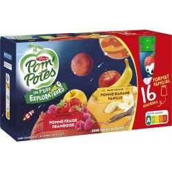 POM'POTES Compotes Les P'tits Explorateurs pomme fraise framboise, banane vanille sans sucres ajoutés les 16 gourdes de 90g