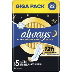 ALWAYS Serviettes Hygiéniques avec Ailettes Ultra Secure Night Extra 12h de Protection 22 serviettes