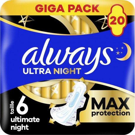 ALWAYS Serviettes Hygiéniques avec Ailettes Ultra Nuit Taille 6 Max Protection 20 serviettes