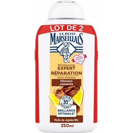 LE PETIT MARSEILLAIS Shampoing Réparation Cheveux cassants Huile de Jojoba Bio lot de 2 flacons de 250ml