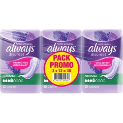 ALWAYS Serviettes hygiéniques fuites urinaires Normal Protection Intégrale Discreet lot de 3 paquets de 12 serviettes