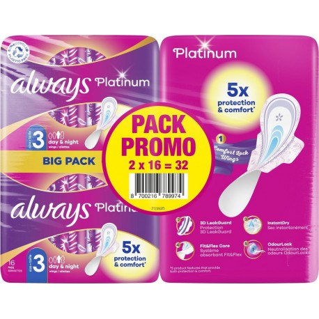 ALWAYS Serviettes Hygiéniques avec Ailettes Platinum Taille 3 lot de 2 paquets de 16 serviettes