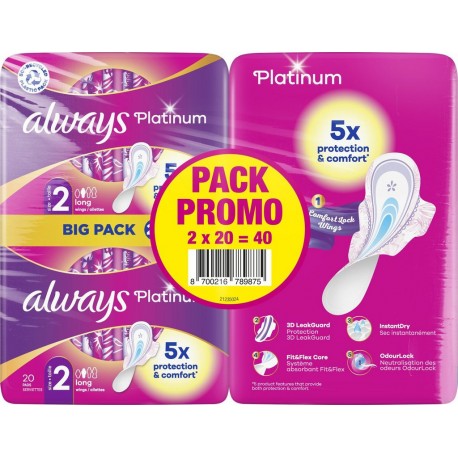 ALWAYS Serviettes Hygiéniques avec Ailettes Platinum Long Plus lot de 2 paquets de 20 serviettes