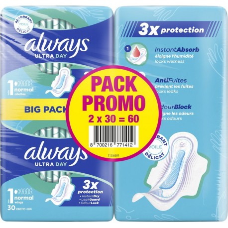 ALWAYS Serviettes Hygiéniques avec Ailettes Ultra Day Taille 1 lot de 2 paquets de 30 serviettes