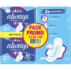 ALWAYS Serviettes Hygiéniques avec Ailettes Ultra Day Taille 2 lot de 2 paquets de 26 serviettes