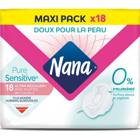 NANA Serviettes Hygiéniques avec Ailettes Ultra Régulier Plus Pure Sensitive pack de 18 serviettes hygiéniques