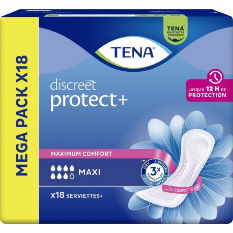 TENA Serviettes Fuite Urinaire Maxi Discreet Protect Plus pack de 18 serviettes hygiéniques