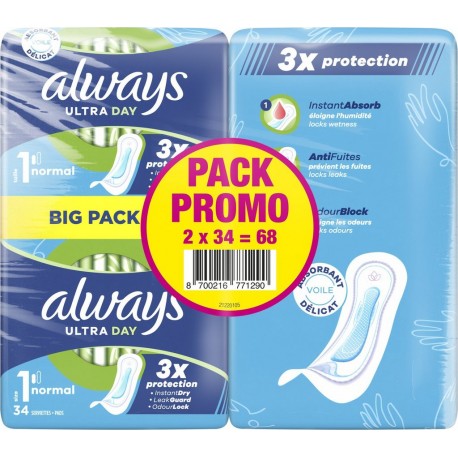 ALWAYS Serviettes Hygiéniques avec Ailettes Ultra Day Taille 1 lot de 2 paquets de 22 serviettes