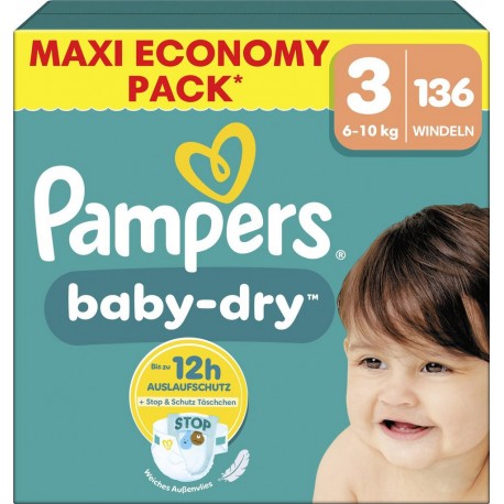 PAMPERS Couches Bébés Baby-Dry 6-10Kg Taille 3 136 couches